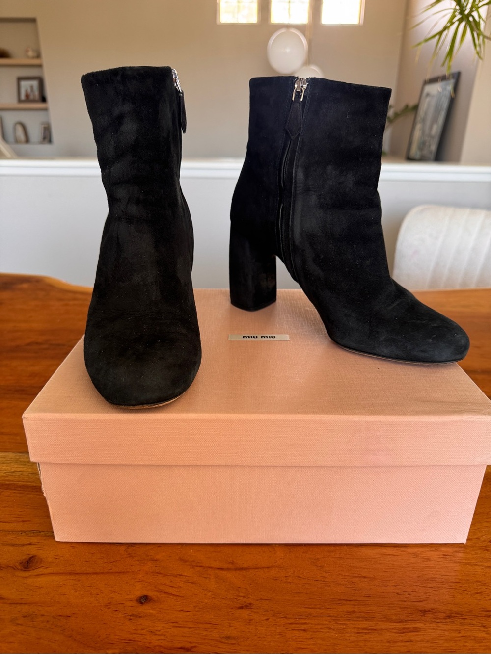 MIU MIU Black Suede Ankle Boots with Block Heel